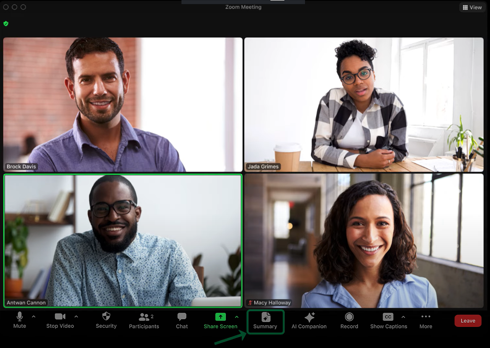 Zoom AI Summary feature showing meeting transcription and summary capabilities