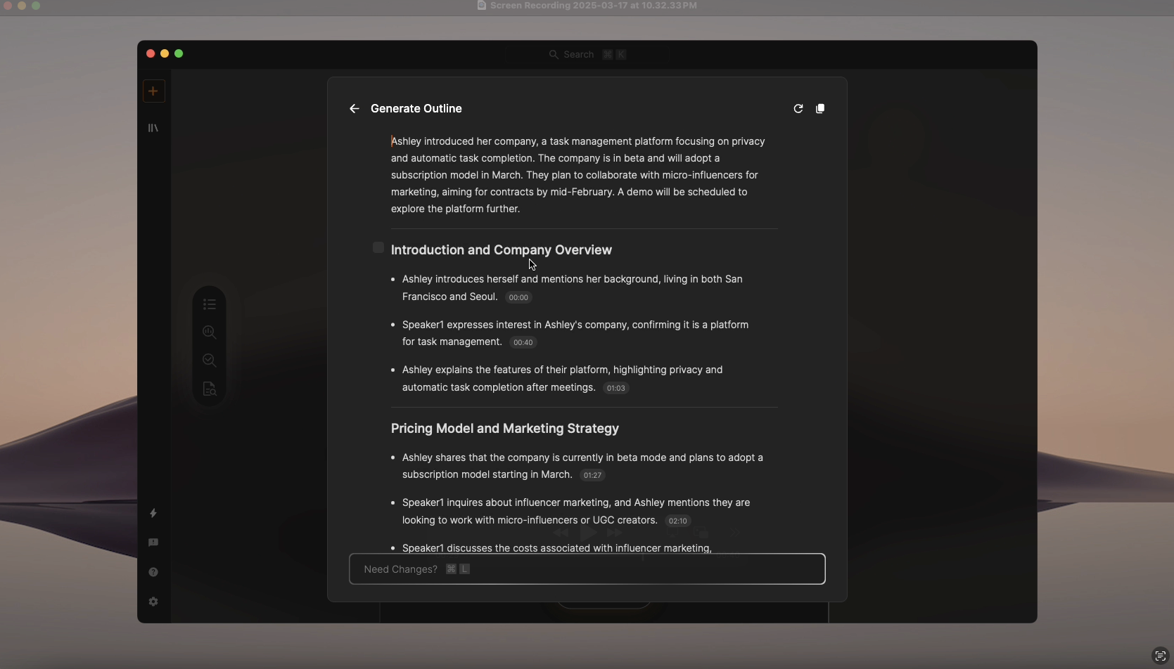 Relora app automatic outline generation example