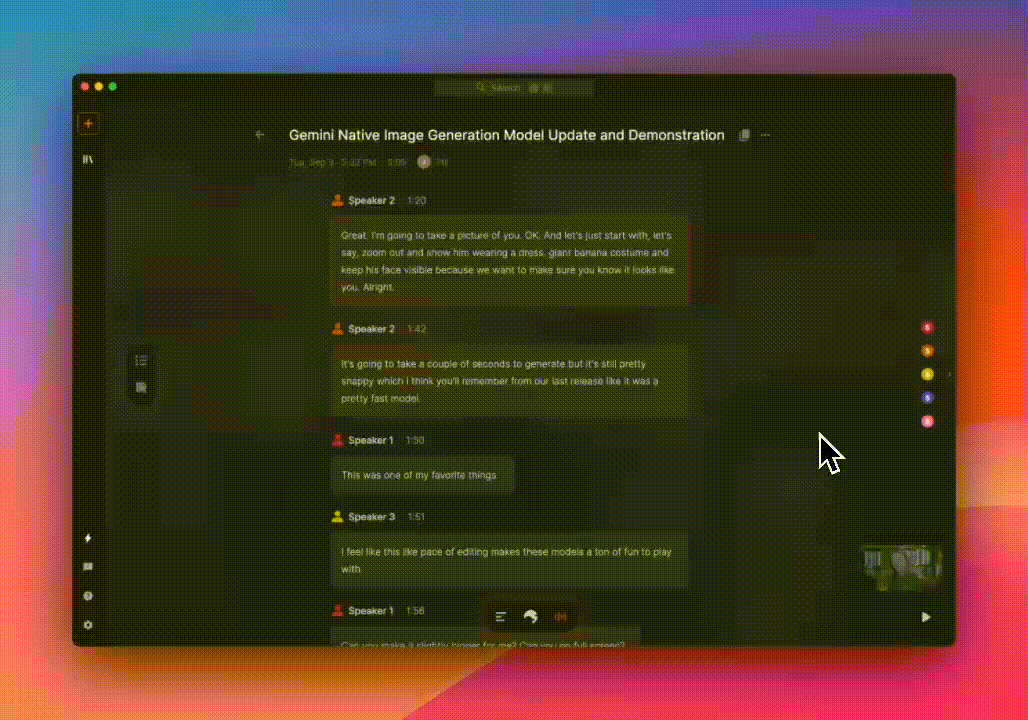 Relora Smart Screenshots feature showing automatic screen capture in the Transcript tab