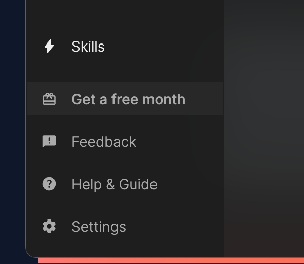 Relora invite friends feature showing the Get a Free Month referral link interface