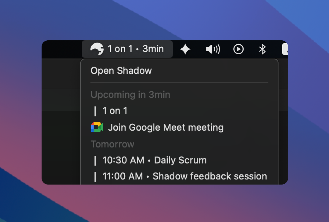 Relora v1.8 menu bar showing upcoming meeting name and quick access